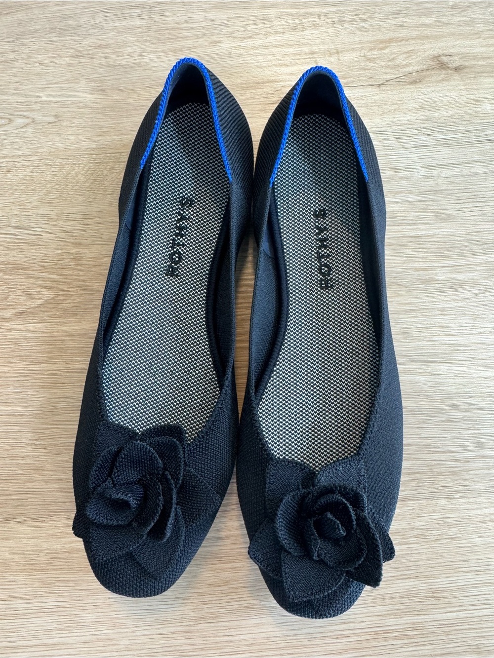 ROTHYS Black Square Toe Flower Flats Size 10